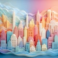 Real estate. Pastel rainbow colors. paper background, cityscape.