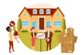 Real estate property, happy couple buying new house, people cartoon characters, vector illustration Royalty Free Stock Photo