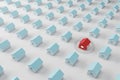 Real estate and property insurance concept with red house layout protected by a transparent capsule among blue houses on white Royalty Free Stock Photo