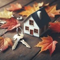 real estate purchase concept. house with keys on a background of autumn leaves. ai generative