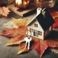 real estate purchase concept. house with keys on a background of autumn leaves. ai generative