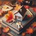 real estate purchase concept. house with keys on a background of autumn leaves. ai generative