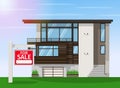 Real Estate for Sale. The house and sign in the foreground with the information. Vector flat design illustration. Royalty Free Stock Photo