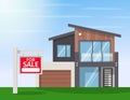 Real Estate for Sale. The house and sign in the foreground with the information. Vector flat design illustration. Royalty Free Stock Photo