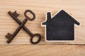 Real estate security,sale or rent concept - little house model and old keys on the wooden background