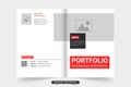 Real estate service portfolio cover template with photo placeholders. Modern architect profile cover template with red and dark