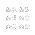 Search criteria, real estate services, location mark on map, size parameter, smart home, wireless internet connection, stroke icon Royalty Free Stock Photo