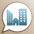 Real estate sign. Bright cerulean icon in white speech balloon at pale taupe background. Illustration