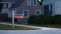 Real estate sign in front of a house for sale in a nice suburban neighborhood. Digital 3D rendering