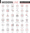 Real estate thin red black line icon vector illustration set of house sale or insurance contract, mortgage calculator of