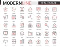 Real estate thin red black line icon vector illustration set of house sale or insurance contract, mortgage calculator of