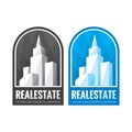 Real estate vector logo template concept illustration in grayscale and blue colors. Abstract buildings sign. Cityscape skyscrapers Royalty Free Stock Photo