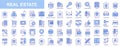 Real estate web icons set in blue line design. Pack of house, moving home, key, insurance, garage, budget, contract, realtor Royalty Free Stock Photo