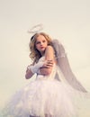 Real fairy from magical stories. Lovely girl cupid is ready to find your love. Little girl with angel wings and halo