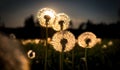 Real field and dandelion at sunset sunrise, amazing photo with color atmosphere