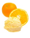 Orange ice cream scoop in front of oranges on white background Royalty Free Stock Photo