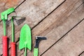 The real garden implements on wooden old background Royalty Free Stock Photo