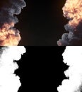 Giant fire explosions. Dark smoke trails isolated on black background. Alpha matte. 3d rendering digital illustration Royalty Free Stock Photo