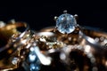 Real gold jewelry with gems close up macro