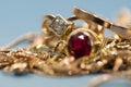 Real gold rings with diamond, chain, close up macro shot Royalty Free Stock Photo