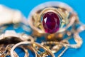Real gold rings with diamonds, gems close up macro shot Royalty Free Stock Photo