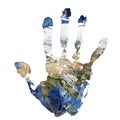 Real hand print combined with a map of Asia of our blue planet Earth. Elements of this image furnished by NASA Royalty Free Stock Photo