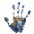 Real hand print combined with a map of North America - of our blue planet Earth. Elements of this image furnished by Royalty Free Stock Photo