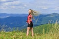 Real happiness. happy sexy woman. mountain traveling and hiking. mountaineering lover. reaching the top. woman in