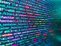 Real Html code developing screen. Javascript code in bracket software. Programming, webdesign HTML printed code. HTML CSS3 source Royalty Free Stock Photo