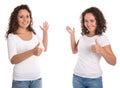 Real isolated twin girls presenting over white in shirt and jean