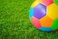 Real leather Colorful multi colour Soccer ball on green grass . Royalty Free Stock Photo