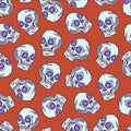 Real linocut hand made skull print. Seamless pattern. Vector vintage style illustration for t-shirt, fabric, wrapping and