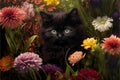 real Little black kitten sitting in flowers, Ai generated Royalty Free Stock Photo