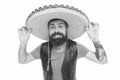 Real macho. Bearded macho wearing sombrero. Mexican macho in south american style. Spanish macho with beard and