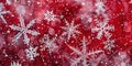 Real macro snowflakes, red background , concept of Ice crystals