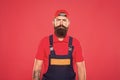 Real man. Handyman service. Man helpful laborer. Repair and renovation. Guy brutal bearded worker in uniform. Builder Royalty Free Stock Photo