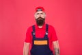 Real man. Handyman service. Man helpful laborer. Repair and renovation. Guy brutal bearded worker in uniform. Builder Royalty Free Stock Photo