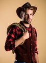 Real man. Vintage style man. Wild West retro cowboy. cowboy with lasso rope. Western. wild west rodeo. man in hat. man Royalty Free Stock Photo