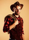 Real man. vintage style man. Wild west retro cowboy. Cowboy with lasso rope. Western. wild west rodeo. Man in hat. man Royalty Free Stock Photo