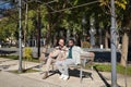 Real marriage of gay couple, holding hands, sitting on a wooden bench, talking accomplices and happy. Concept lgtb, lgtbiq+, Royalty Free Stock Photo