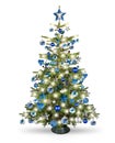 Real natural nordmann xmas christmas tree with petrol blue turquoise silver and wooden decoration. bauble star heart and bright Royalty Free Stock Photo