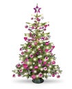 Real natural nordmann xmas christmas tree with pink purple red silver and wooden decoration. bauble star heart and bright led