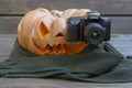 Real orange halloween pumpkin with carving