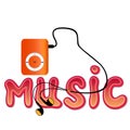 Real orange mp3 player with headphones and word 'MUSIC' isolated