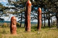 Real pagan altar in the forest with idols in summer light. Royalty Free Stock Photo