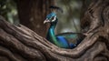 A real peacock sitting on a tree with an open feathers, generative ai