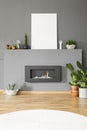 Real photo of a bio fireplace with plants and mockup poster in l Royalty Free Stock Photo