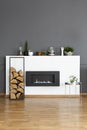 Real photo of a bio fireplace and some wood in dark, simple living room interior Royalty Free Stock Photo