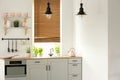 Real photo of a bright kitchen interior with wooden counter, black lamps, white cupboards and pink accents