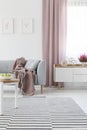 Bright living room interior with carpet, grey couch with coverlet, window with dirty pink drape and bike-shaped cloc